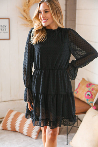 Black Swiss Dot Ruffle Hem Chiffon Dress