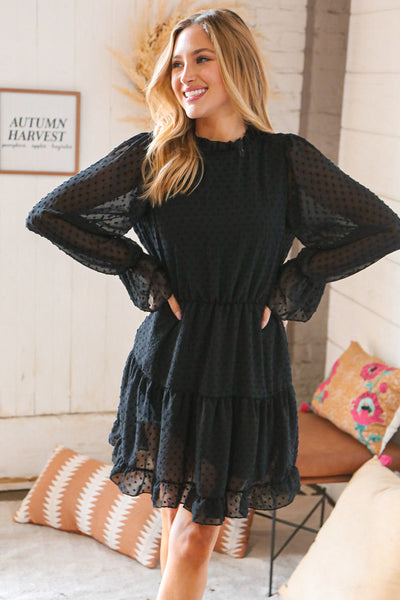 Black Swiss Dot Ruffle Hem Chiffon Dress