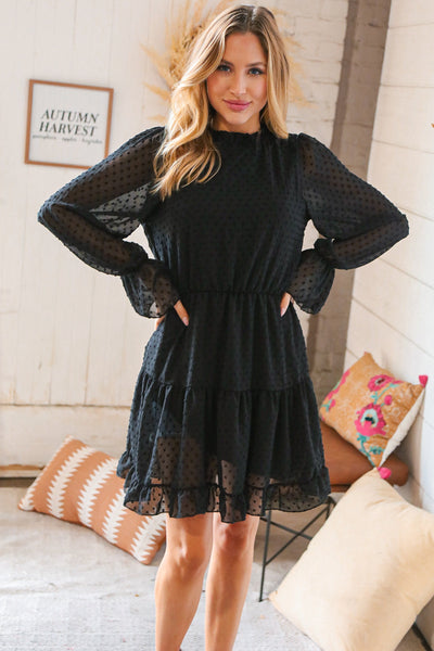 Black Swiss Dot Ruffle Hem Chiffon Dress