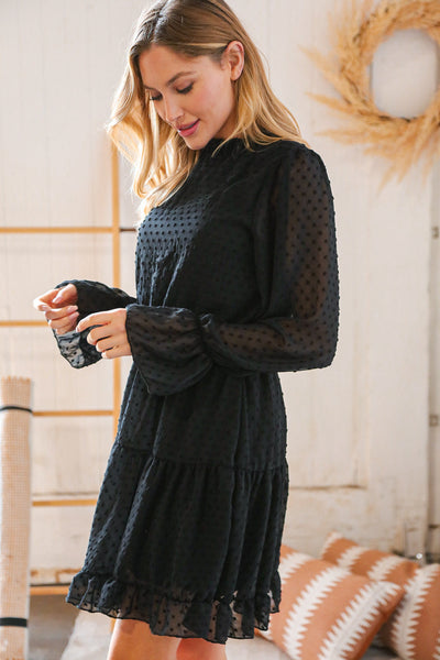Black Swiss Dot Ruffle Hem Chiffon Dress