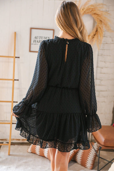 Black Swiss Dot Ruffle Hem Chiffon Dress