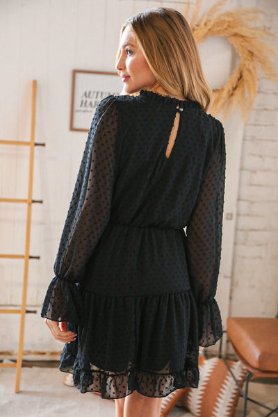 Black Swiss Dot Ruffle Hem Chiffon Dress