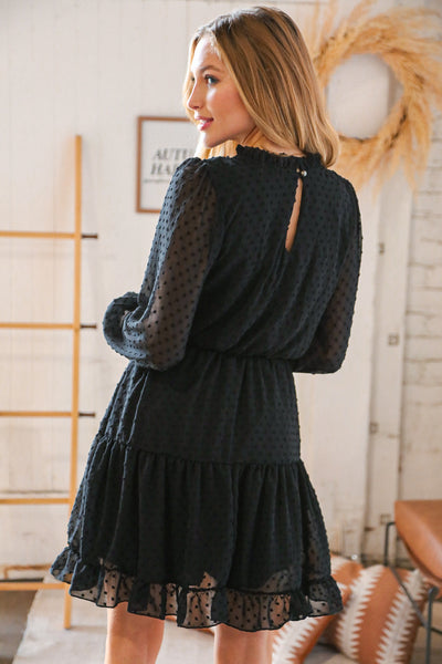 Black Swiss Dot Ruffle Hem Chiffon Dress