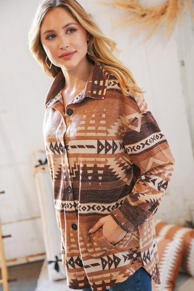 Taupe & Brown Brushed Aztec Oversize Pocketed Shacket