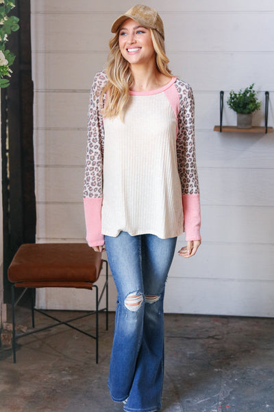 Coral Animal Print Two Tone Raglan Top