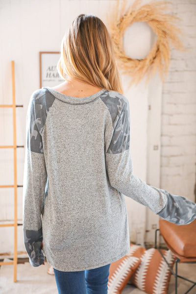 Grey Camo Two Tone Hacci Color Block Thumbhole Top