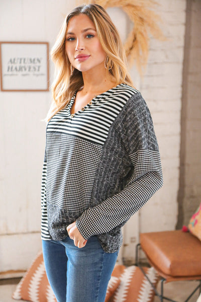 Black/White Rib Stripe Waffle Patchwork Top
