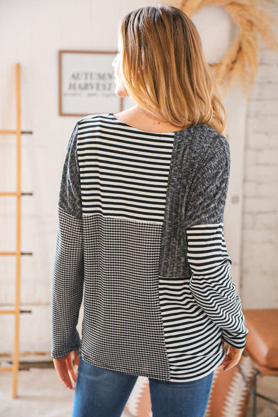 Black/White Rib Stripe Waffle Patchwork Top