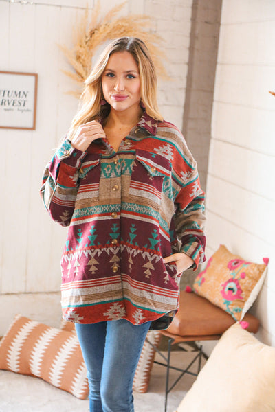 Holiday Aztec Flannel Button Down Pocketed Shacket