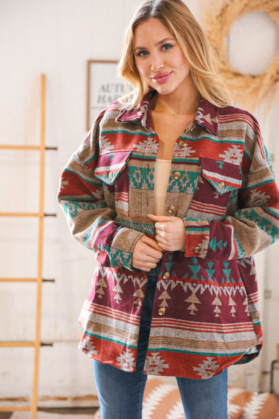 Holiday Aztec Flannel Button Down Pocketed Shacket