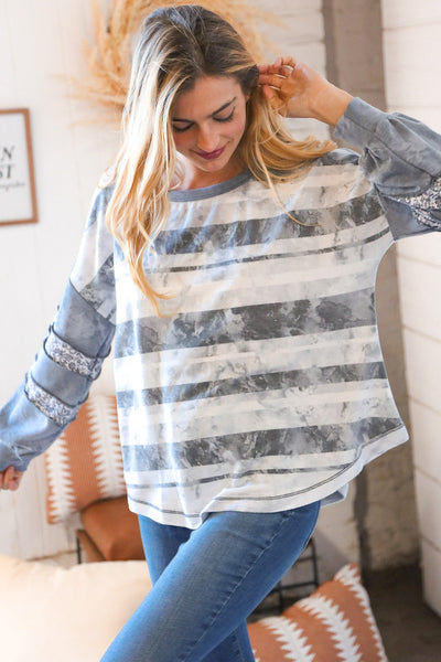 Grey Distressed Terry Stripe Paisley Twofer Terry Top