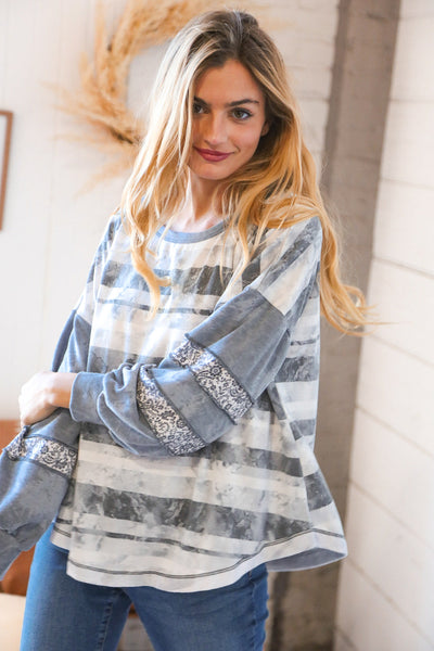 Grey Distressed Terry Stripe Paisley Twofer Terry Top