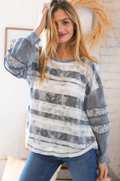 Grey Distressed Terry Stripe Paisley Twofer Terry Top