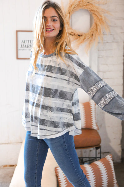 Grey Distressed Terry Stripe Paisley Twofer Terry Top