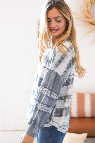 Grey Distressed Terry Stripe Paisley Twofer Terry Top