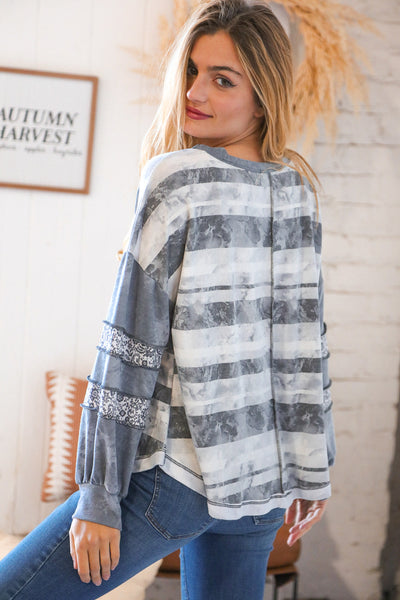 Grey Distressed Terry Stripe Paisley Twofer Terry Top