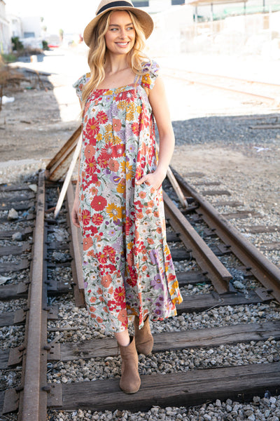 Floral Print Ruffle Cap Sleeve Square Neck Maxi Dress