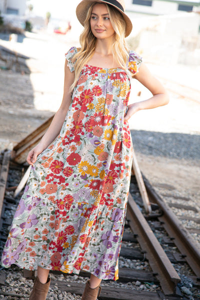 Floral Print Ruffle Cap Sleeve Square Neck Maxi Dress
