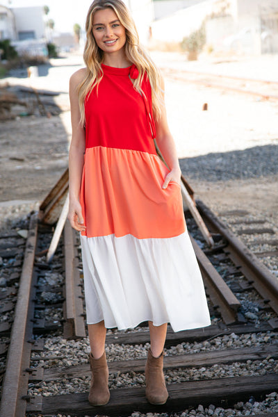 Red Color Block Tiered Halter Bow Tie Maxi Pocketed Dress