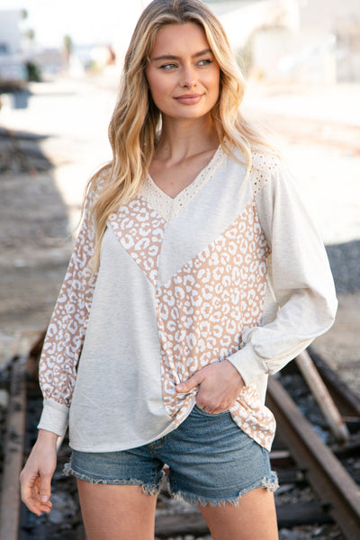 Beige Leopard Print Eyelet V Neck Raglan Top