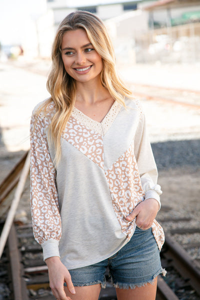 Beige Leopard Print Eyelet V Neck Raglan Top