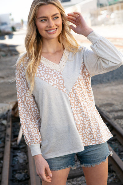 Beige Leopard Print Eyelet V Neck Raglan Top
