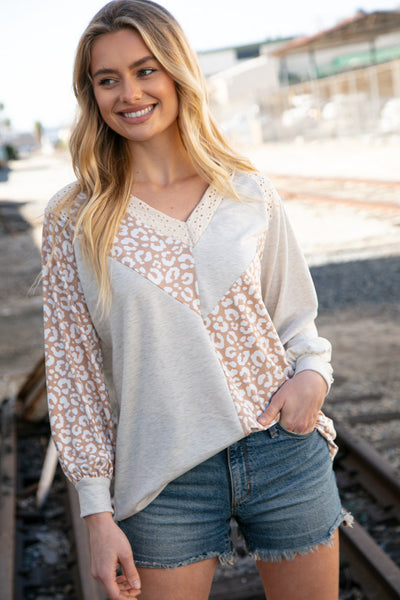 Beige Leopard Print Eyelet V Neck Raglan Top