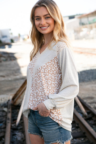 Beige Leopard Print Eyelet V Neck Raglan Top