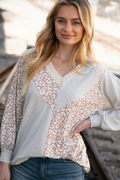 Beige Leopard Print Eyelet V Neck Raglan Top