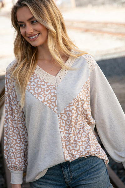 Beige Leopard Print Eyelet V Neck Raglan Top