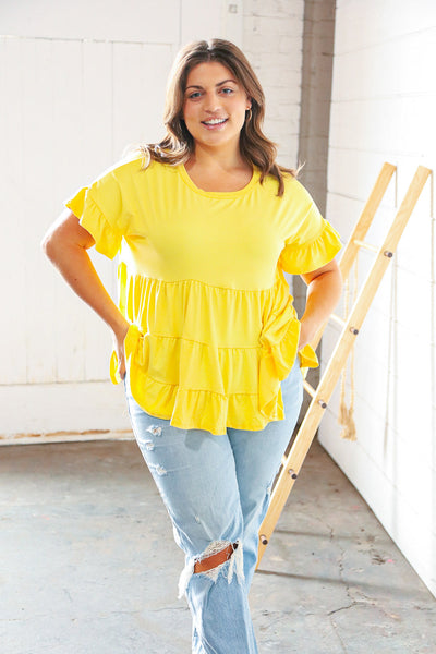 Sunflower Ruffle Frill Short Sleeve Swing Knit Top