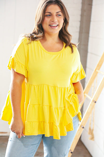 Sunflower Ruffle Frill Short Sleeve Swing Knit Top