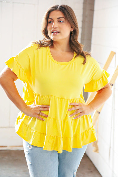 Sunflower Ruffle Frill Short Sleeve Swing Knit Top