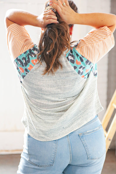 Peach Cotton Slub Rib Leopard Jacquard Knit Top