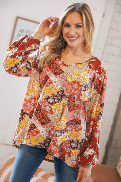 Harvest Floral Patchwork V Neck Knit Blouse