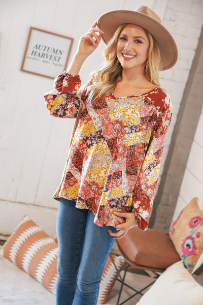 Harvest Floral Patchwork V Neck Knit Blouse