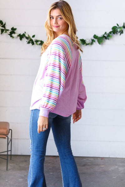 Lavender Two Tone Multi Color Stripe Raglan Top