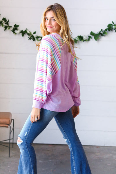 Lavender Two Tone Multi Color Stripe Raglan Top