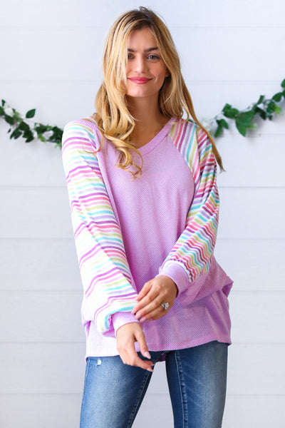 Lavender Two Tone Multi Color Stripe Raglan Top