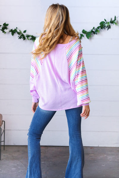 Lavender Two Tone Multi Color Stripe Raglan Top