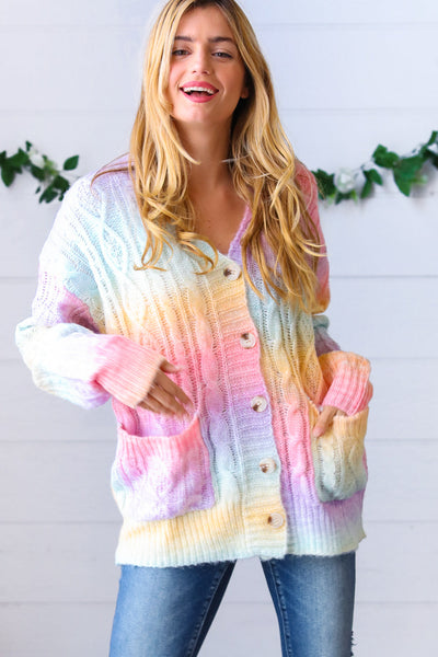 Rainbow Multi Ombre Cable Patterned Cardigan