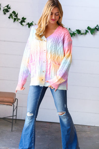 Rainbow Multi Ombre Cable Patterned Cardigan