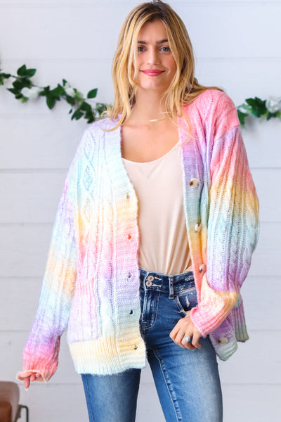 Rainbow Multi Ombre Cable Patterned Cardigan