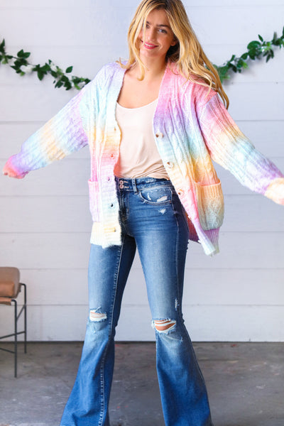 Rainbow Multi Ombre Cable Patterned Cardigan