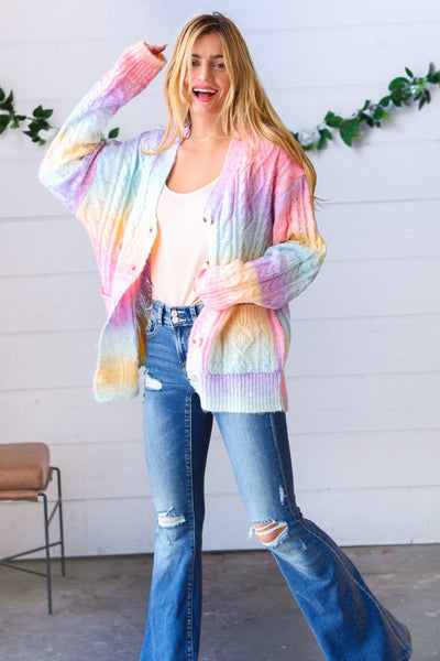 Rainbow Multi Ombre Cable Patterned Cardigan