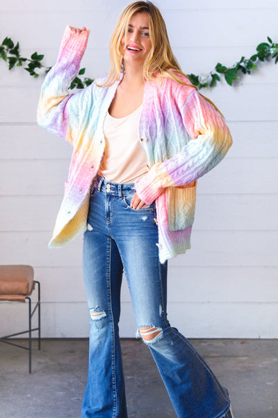 Rainbow Multi Ombre Cable Patterned Cardigan
