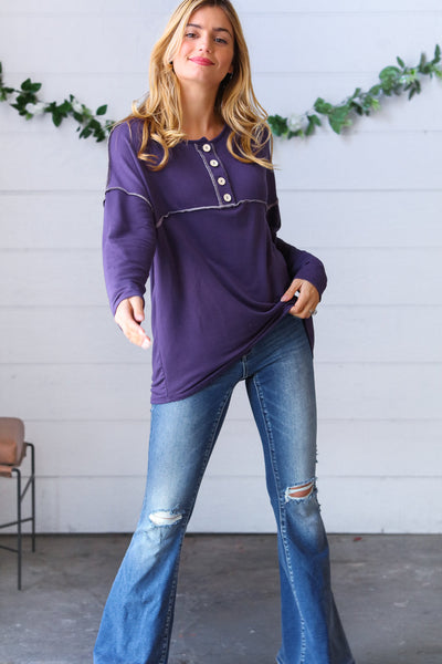 Purple Button Down Terry Outseam Top