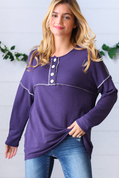Purple Button Down Terry Outseam Top