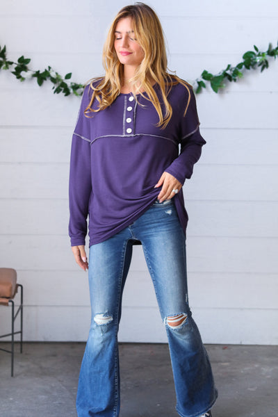 Purple Button Down Terry Outseam Top