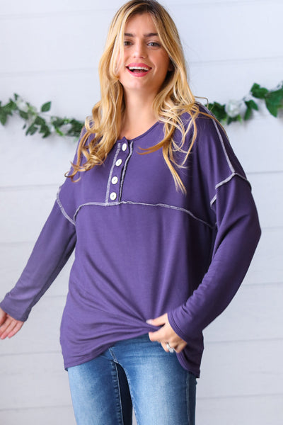 Purple Button Down Terry Outseam Top
